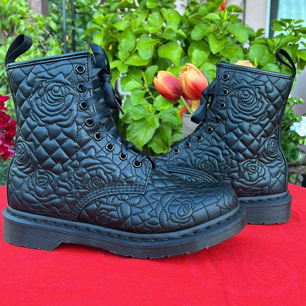 Dr. Martens Quilted Rose Embossed Solid Matte Black Floral Boots